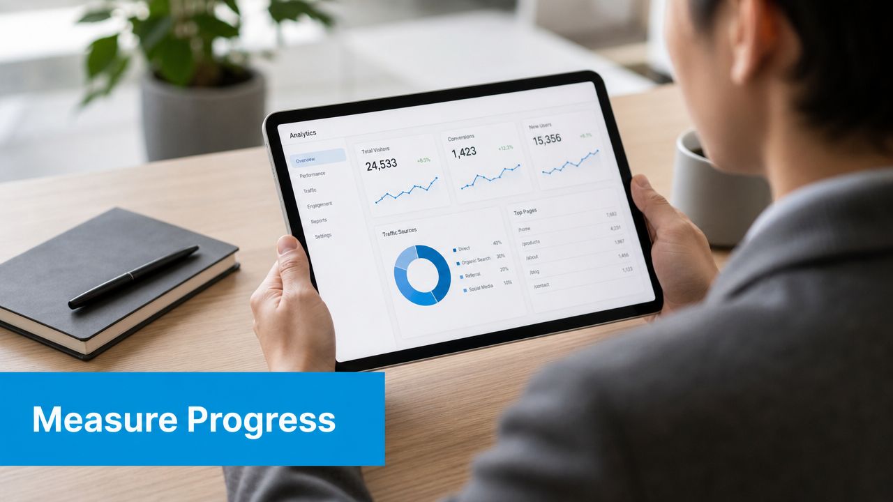 A professional analyzing business analytics and website traffic data on a tablet screen while working at desk.