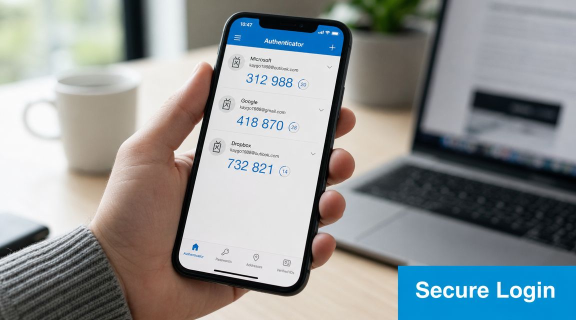 A hand holding a smartphone displaying a two-factor authentication app with various account security codes.