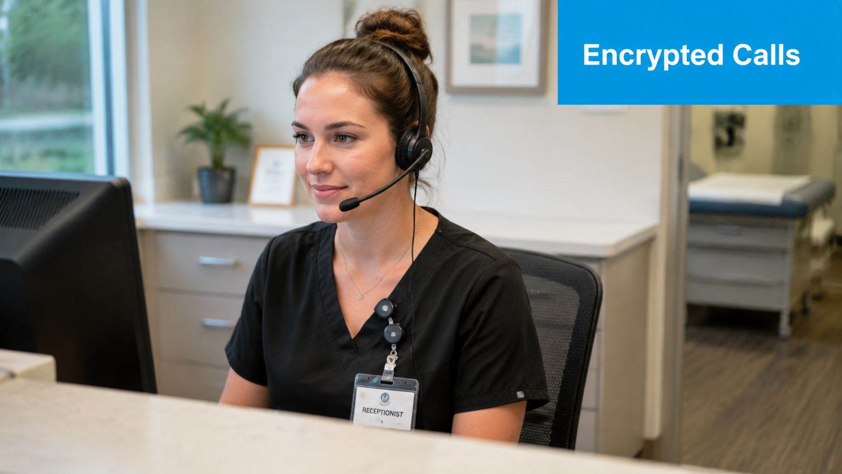 A friendly medical receptionist with a headset working at a computer in a modern medical office.