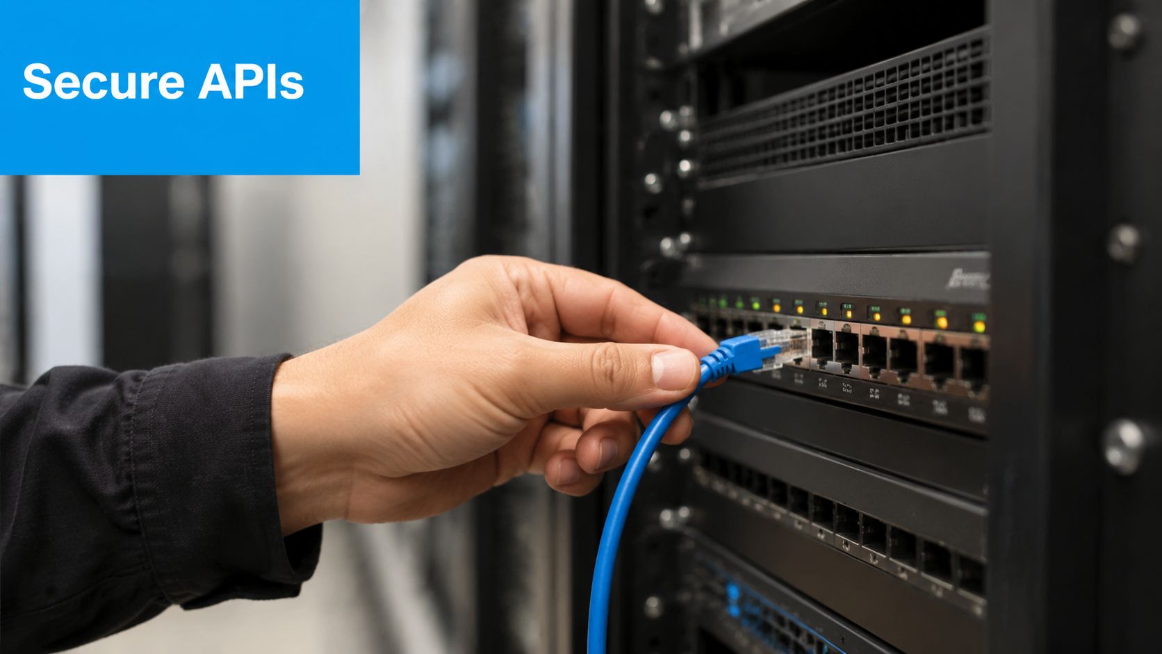 A technician plugging a blue network cable into a server rack to ensure secure data connectivity.