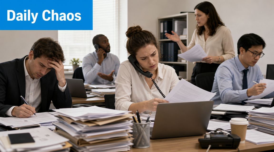 A busy, stressful office environment with professionals working under pressure amidst large stacks of paper documents.