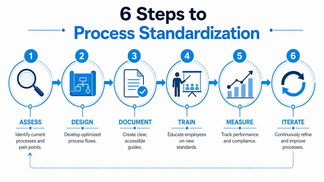A six-step infographic illustrating the process standardization workflow from assessment to continuous iterative improvement.