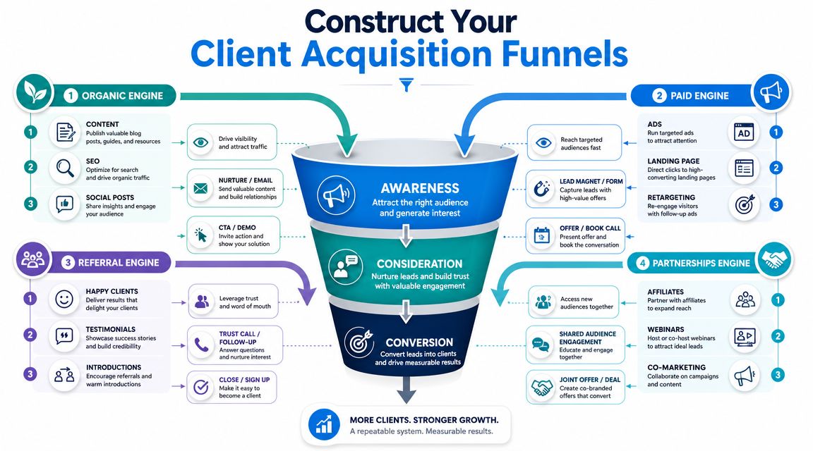 A diagram illustrating a client acquisition funnel consisting of organic, paid, referral, and partnership engine strategies.