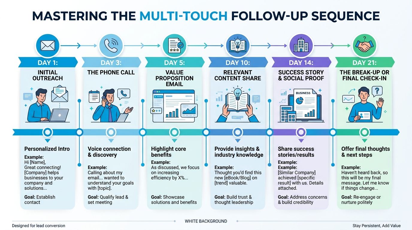 A visual guide outlining a six-step multi-touch sales follow-up sequence strategy for effective lead conversion.