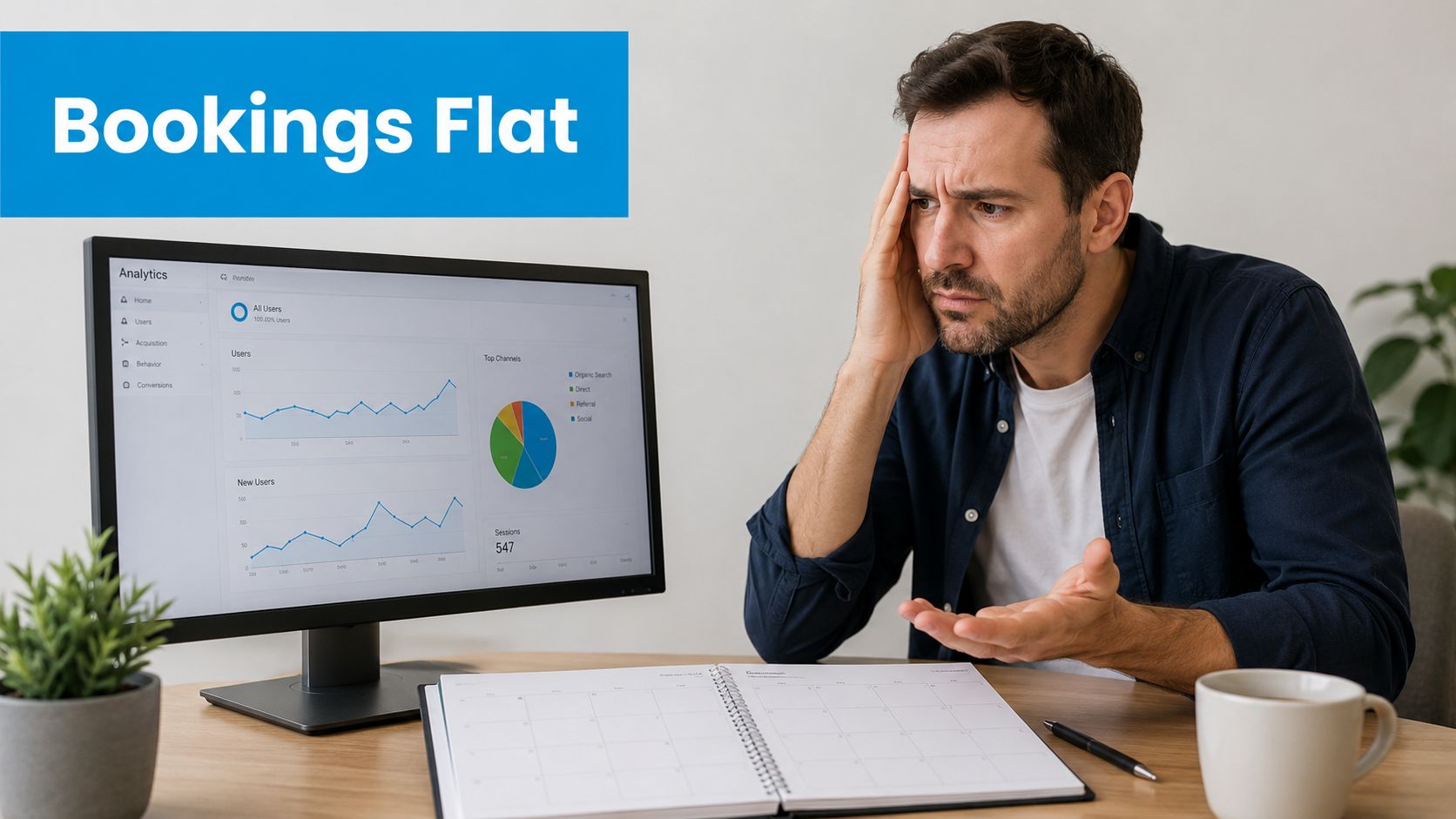 A concerned professional looking at analytics data on a computer screen while sitting at his desk.