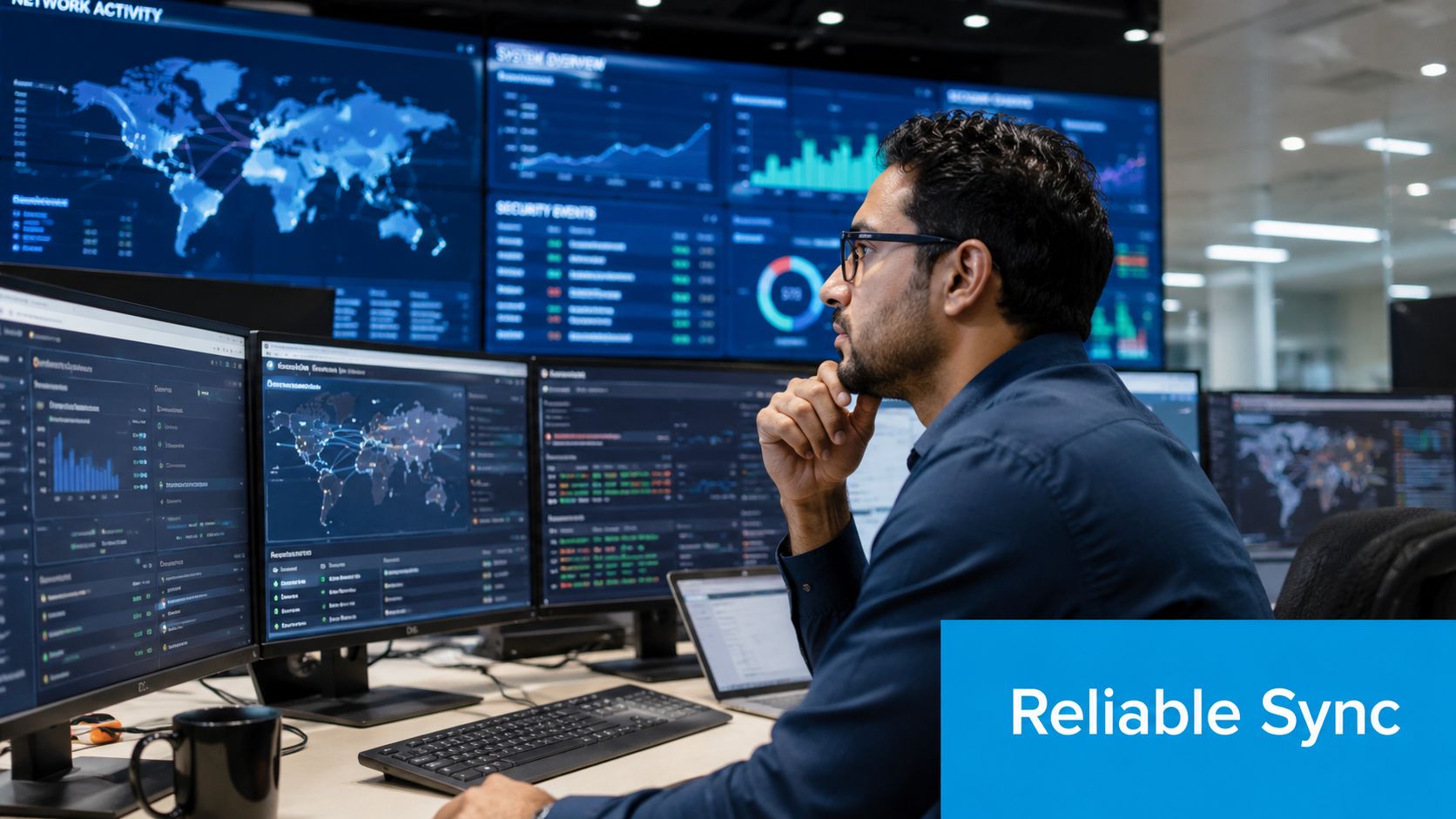 A professional IT specialist monitors complex global network activity on multiple screens in a modern control center.