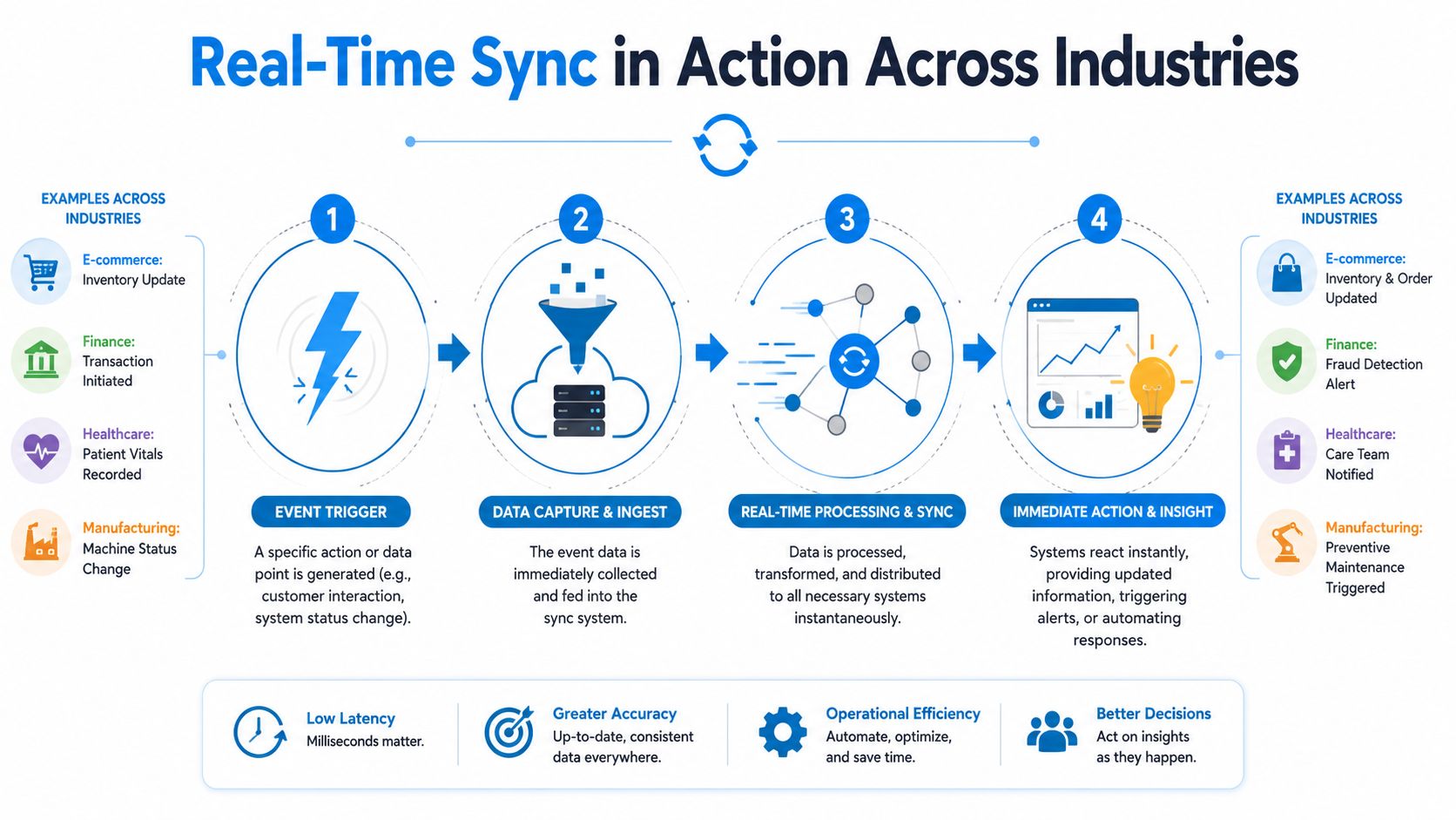 A four-step infographic illustrating the process and benefits of real-time data synchronization across various industries.