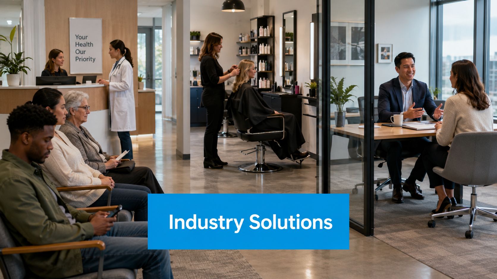 A composite image showing various professionals interacting with clients in medical, salon, and business office settings.