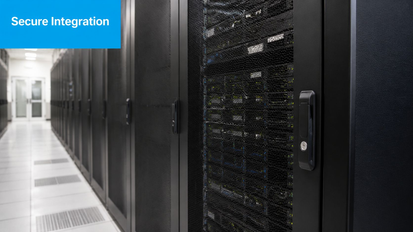 A row of secure server racks in a climate-controlled data center with blinking green indicator lights.