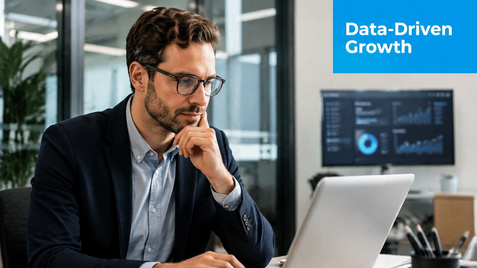 A professional man in a business suit analyzing data on a laptop in a modern office environment.