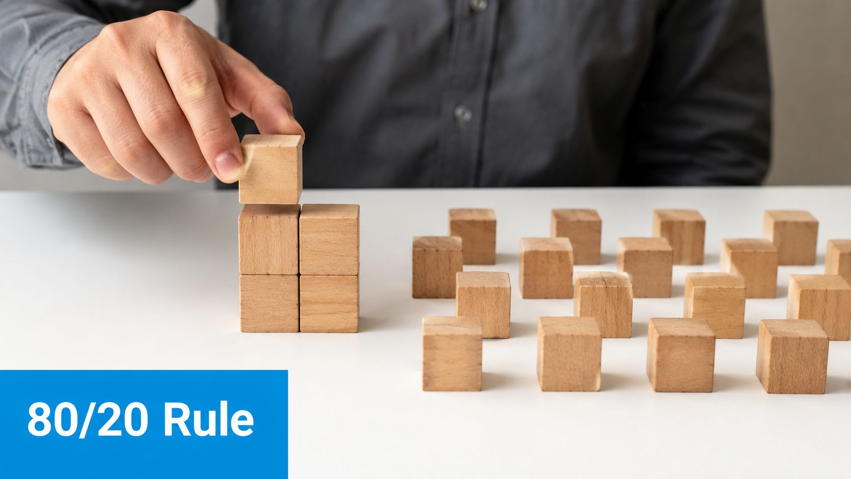 A person placing a wooden block on top of a stack, illustrating strategic problem-solving techniques.