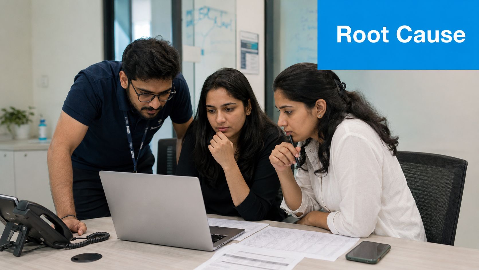 A diverse team of professionals collaborating and analyzing data together on a laptop in an office setting.