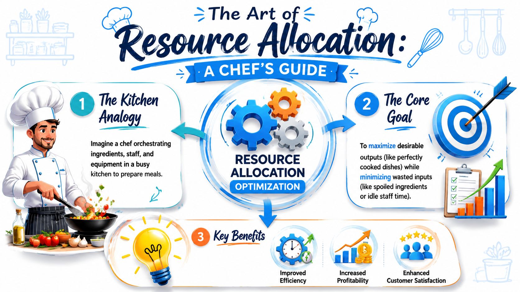 An infographic titled The Art of Resource Allocation explaining optimization through a chef kitchen analogy.