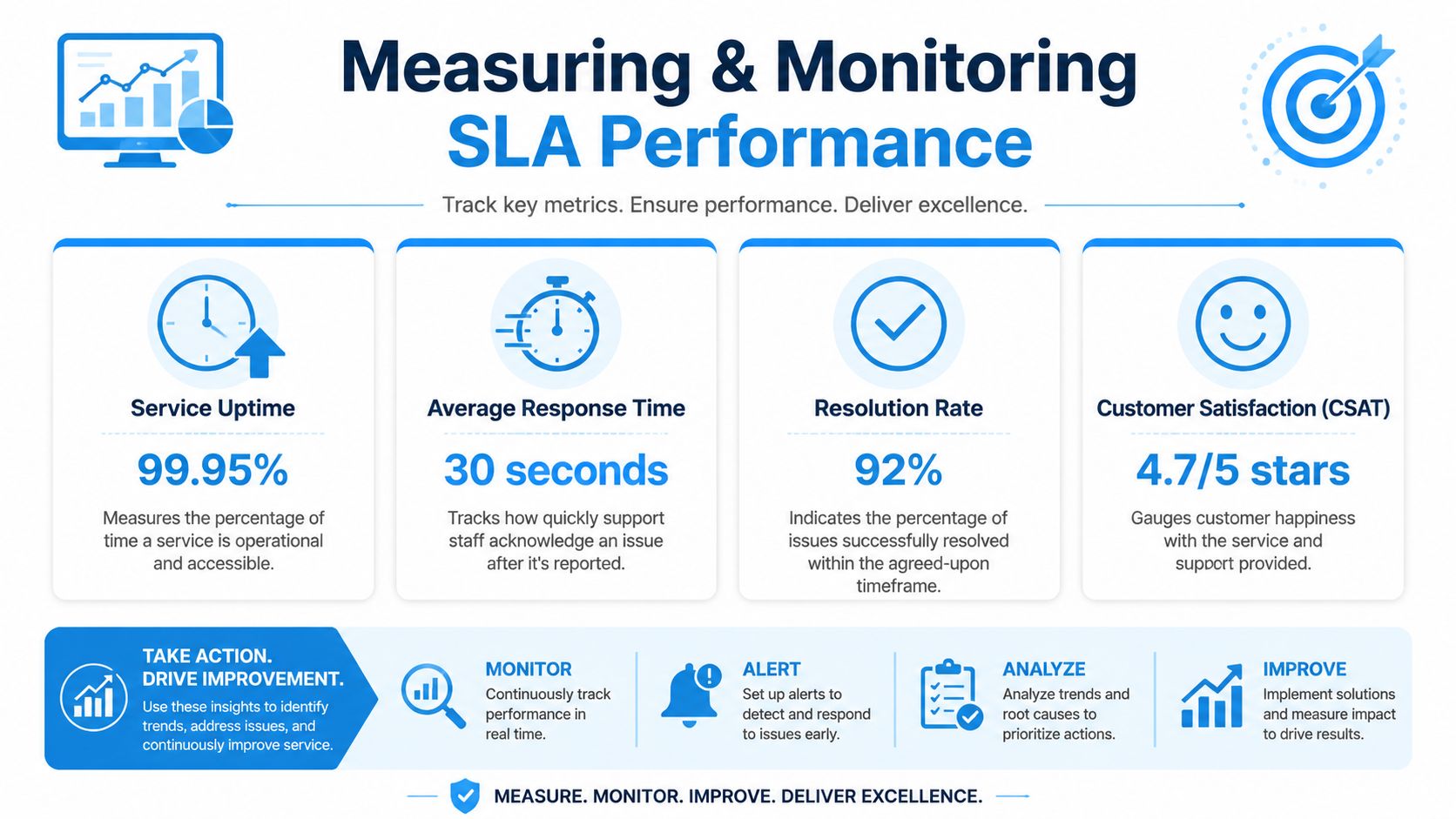 An infographic showing key performance metrics for monitoring Service Level Agreements, including uptime, response time, resolution rate, and satisfaction.