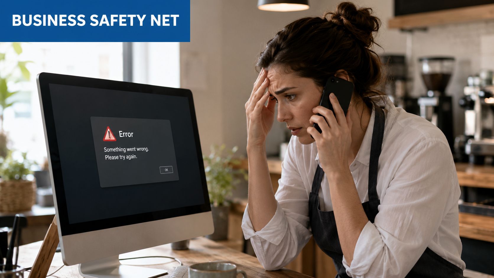 A stressed woman wearing an apron looks at a computer error message while talking on her phone.