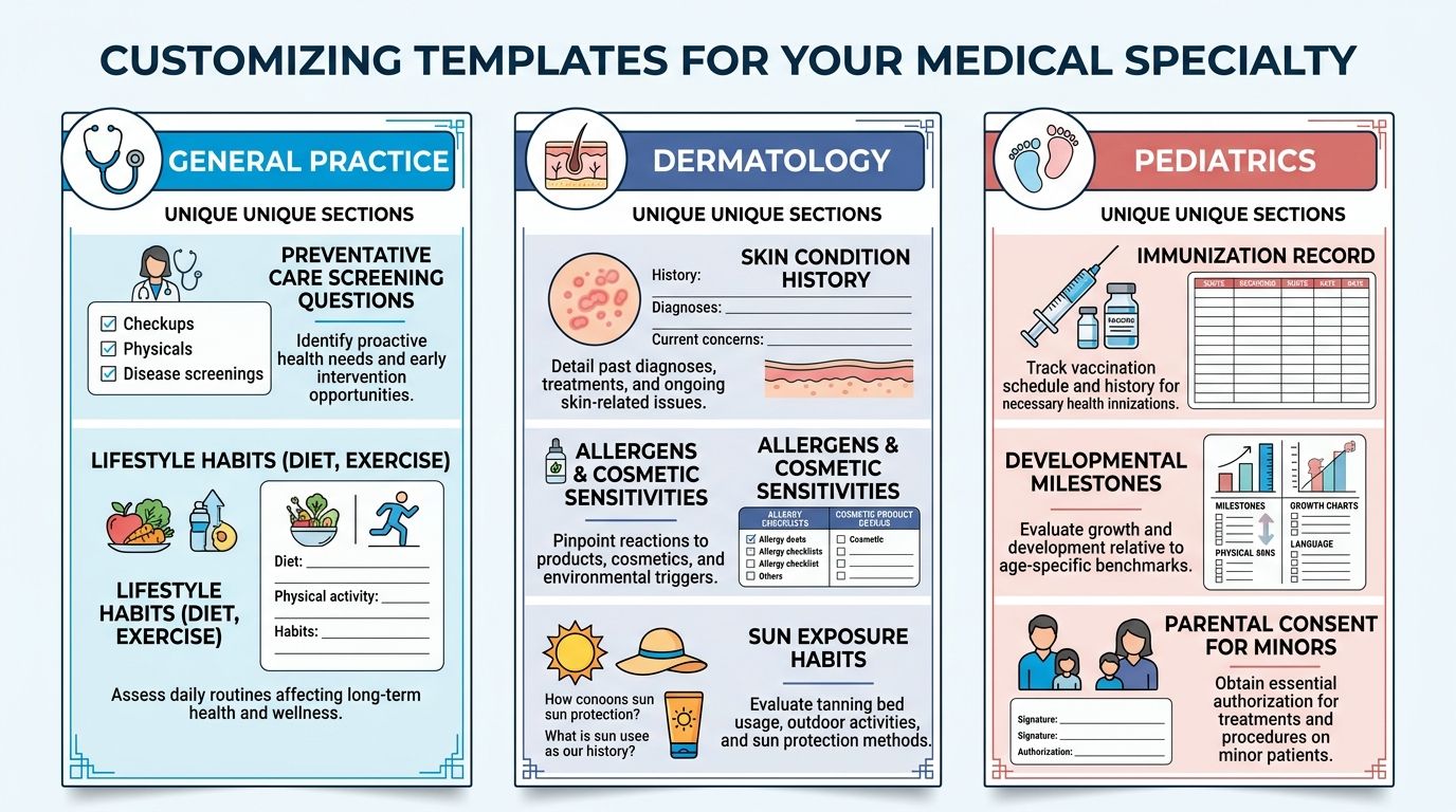 An infographic showing customized medical patient intake form templates for general practice, dermatology, and pediatrics clinics.