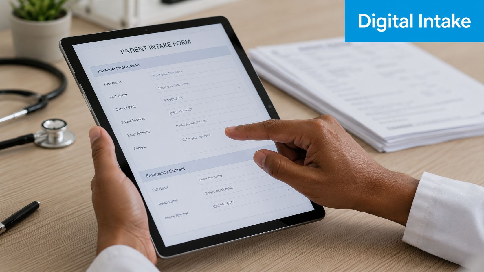 A medical professional uses a tablet to fill out a digital patient intake form on a desk.
