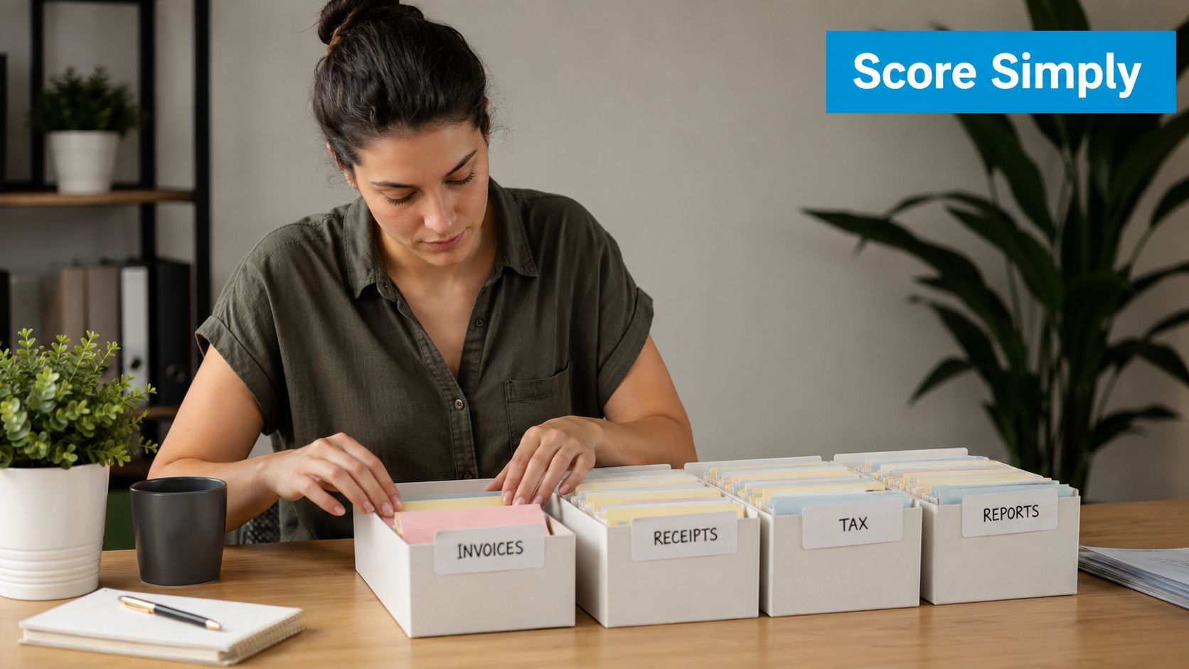 A woman organizing documents into labeled file boxes for invoices, receipts, taxes, and reports at a desk.