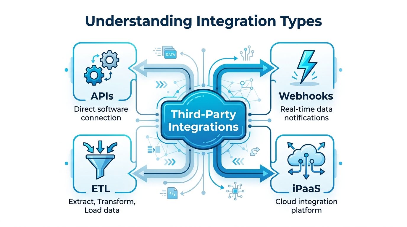 A diagram illustrating four common types of third-party integrations: APIs, Webhooks, ETL, and iPaaS systems.