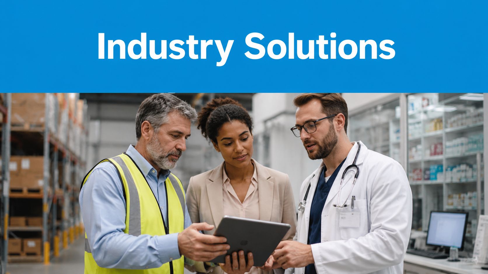 A warehouse manager, a business professional, and a doctor collaborating on a tablet in a facility.