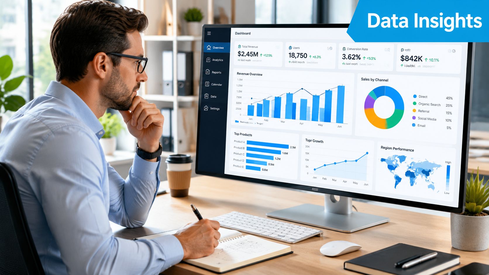 A professional man analyzing data visualizations and business performance metrics on a large computer monitor in an office.