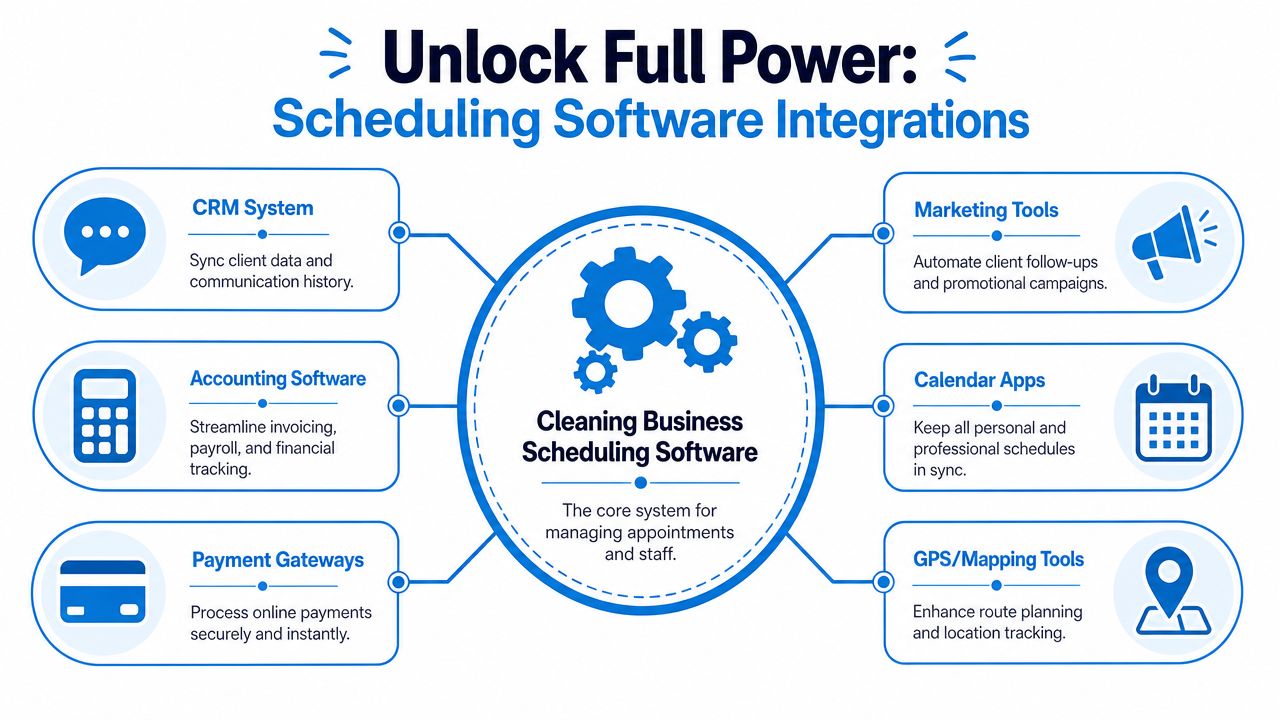 A diagram illustrating how cleaning business scheduling software integrates with CRM, accounting, payment, marketing, calendar, and mapping tools.