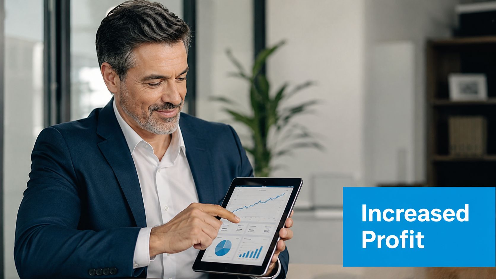 A professional man in a business suit pointing at financial charts on a tablet screen for success.