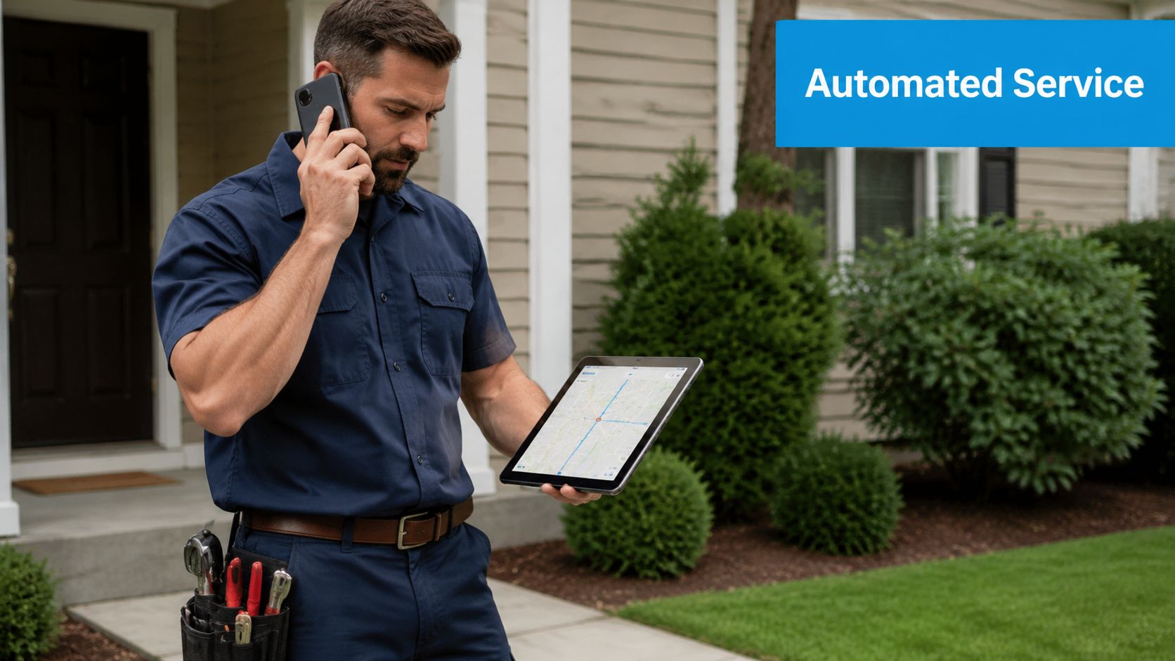 A service technician talking on a phone while holding a tablet showing a map outside a house.