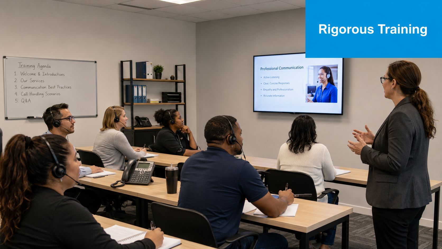 A professional instructor leading a training session for a group of customer service representatives in an office.
