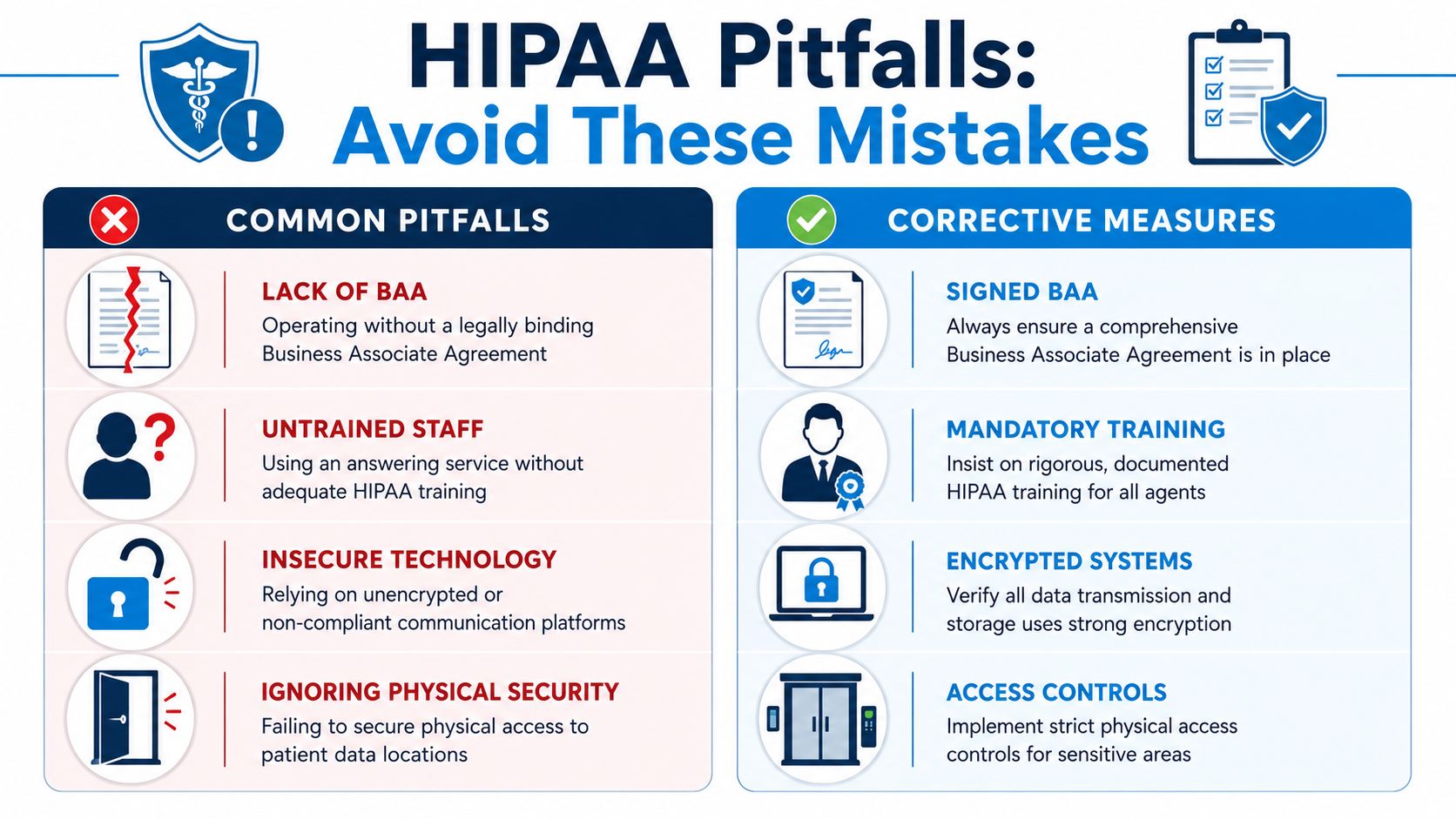 An infographic showing HIPAA pitfalls like lack of BAA and corrective measures like staff training and encryption.