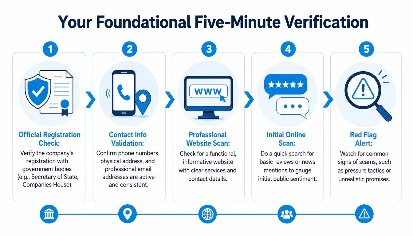 A five-step guide for verifying business legitimacy, featuring icons for registration checks, contact validation, website scans, and red flags.