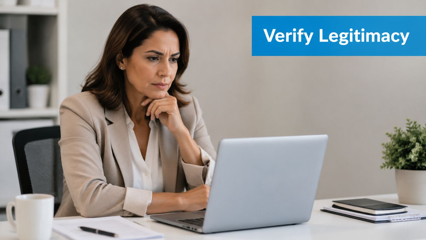 A professional woman in a blazer looking focused while analyzing information on her laptop in an office.