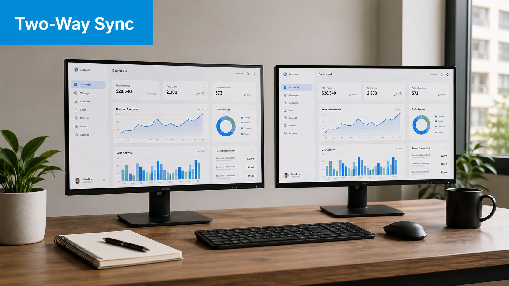 Two computer monitors side-by-side on a desk displaying identical dashboard data to illustrate two-way sync software.