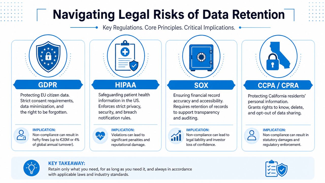 An infographic summarizing legal data retention risks and regulations including GDPR, HIPAA, SOX, and CCPA/CPRA.