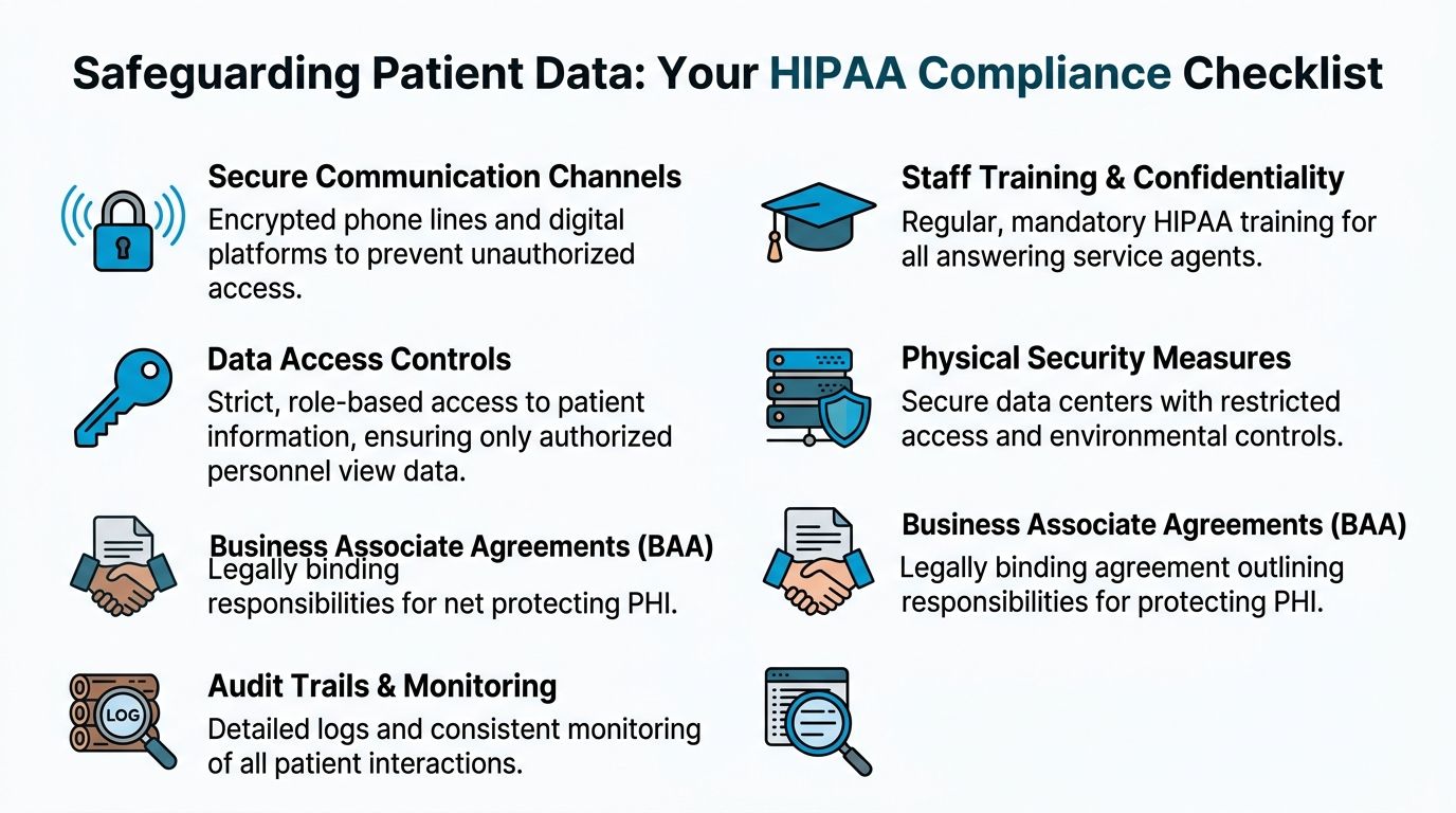 A checklist graphic outlining key HIPAA compliance requirements for safeguarding sensitive medical patient data and privacy.