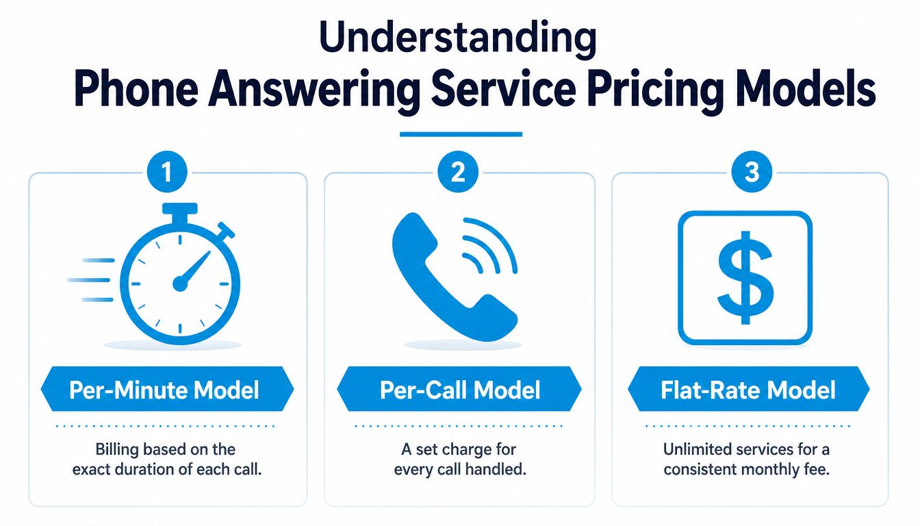 A graphic explaining three phone answering service pricing models: per-minute, per-call, and flat-rate billing structures.