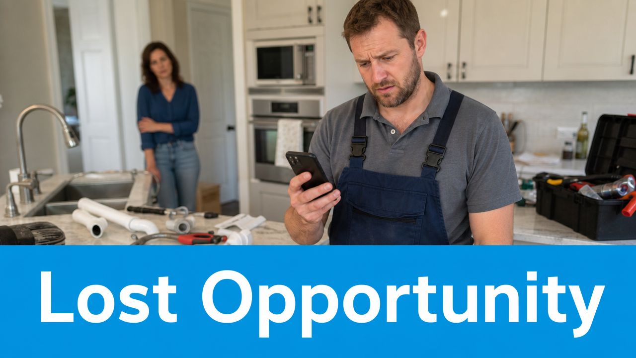A professional plumber checks his mobile phone while a concerned customer stands in the background kitchen.
