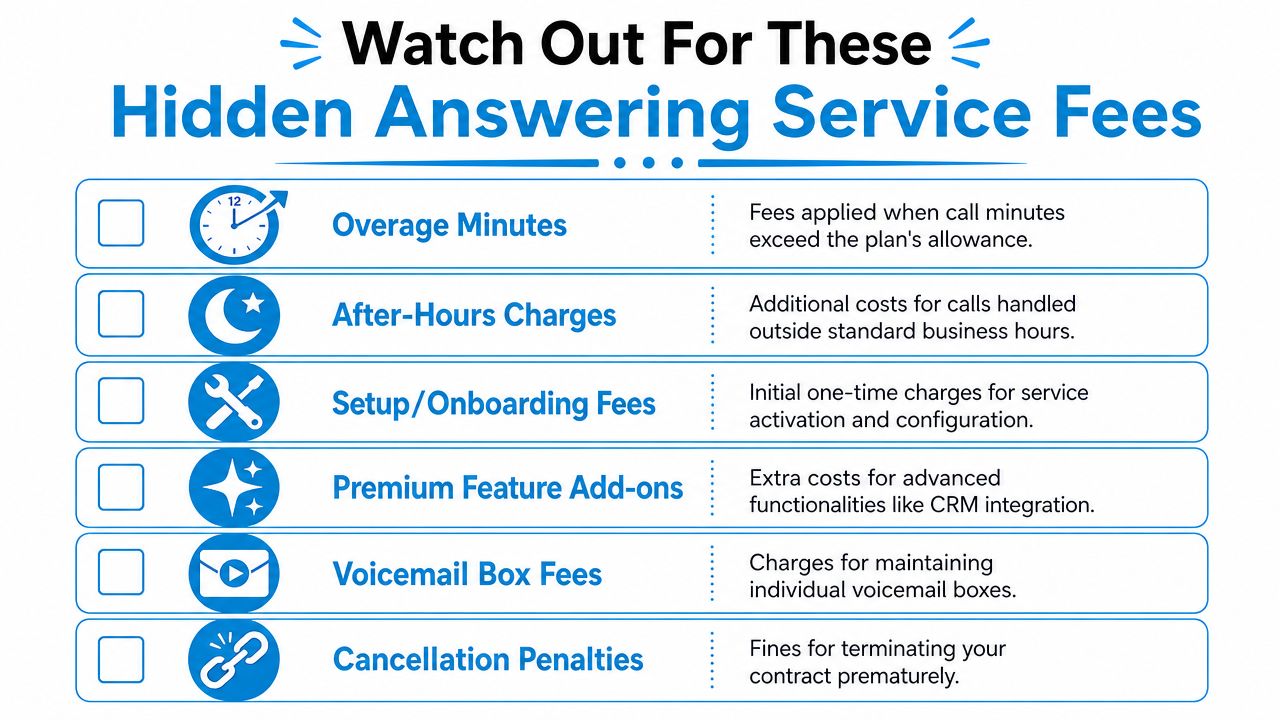 A graphic listing common hidden fees to watch out for when hiring a phone answering service provider.