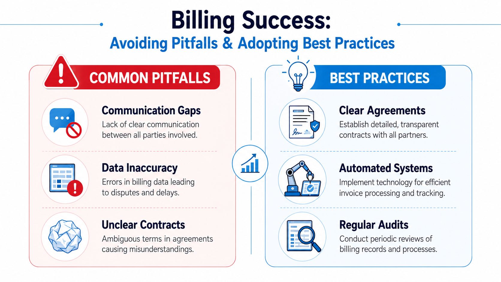 A comparison chart showing common billing pitfalls versus best practices to ensure financial success and accuracy.