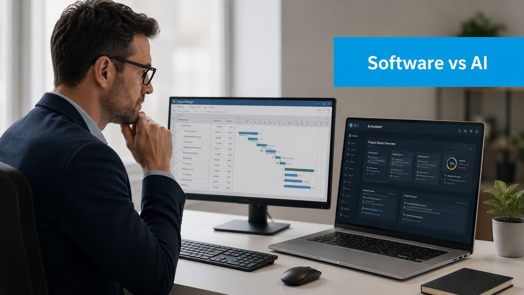 A professional man reviewing data on a desktop monitor and laptop while working in an office.
