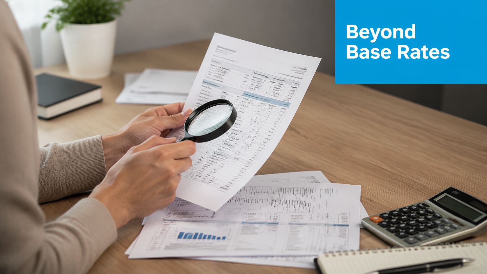 A professional analyzing a financial document with a magnifying glass at a desk with a calculator.