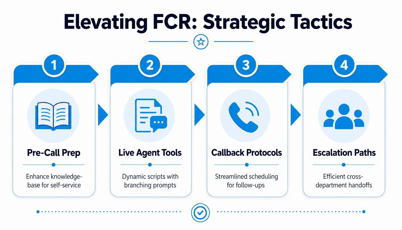 A four-step strategic guide infographic for elevating first call resolution through preparation, tools, protocols, and escalations.