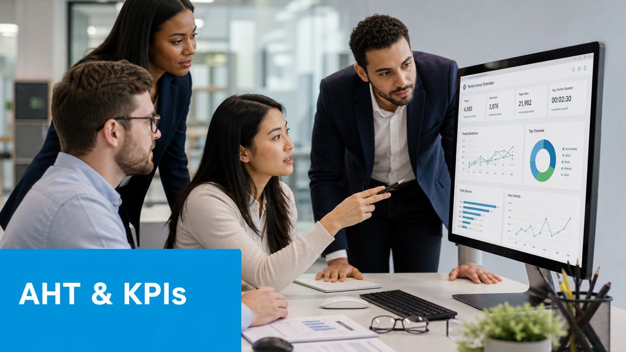 A professional team of four analyzing business performance data and key performance indicators on a computer monitor.