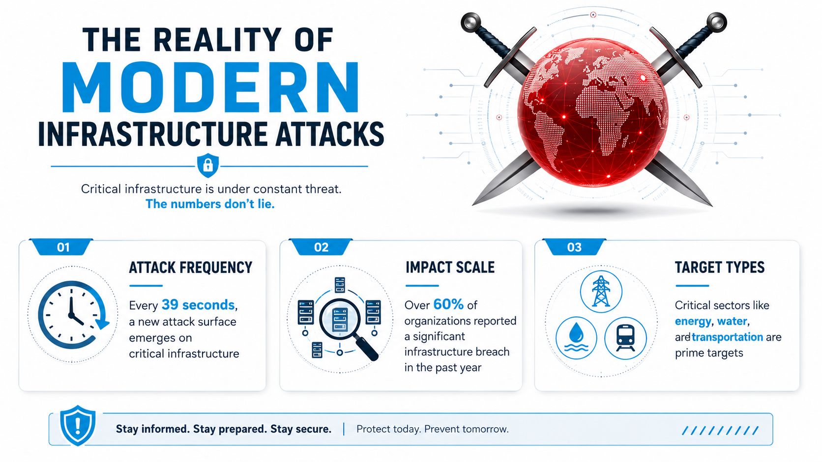 An infographic titled The Reality of Modern Infrastructure Attacks detailing cyber threat frequency, impact, and targets.