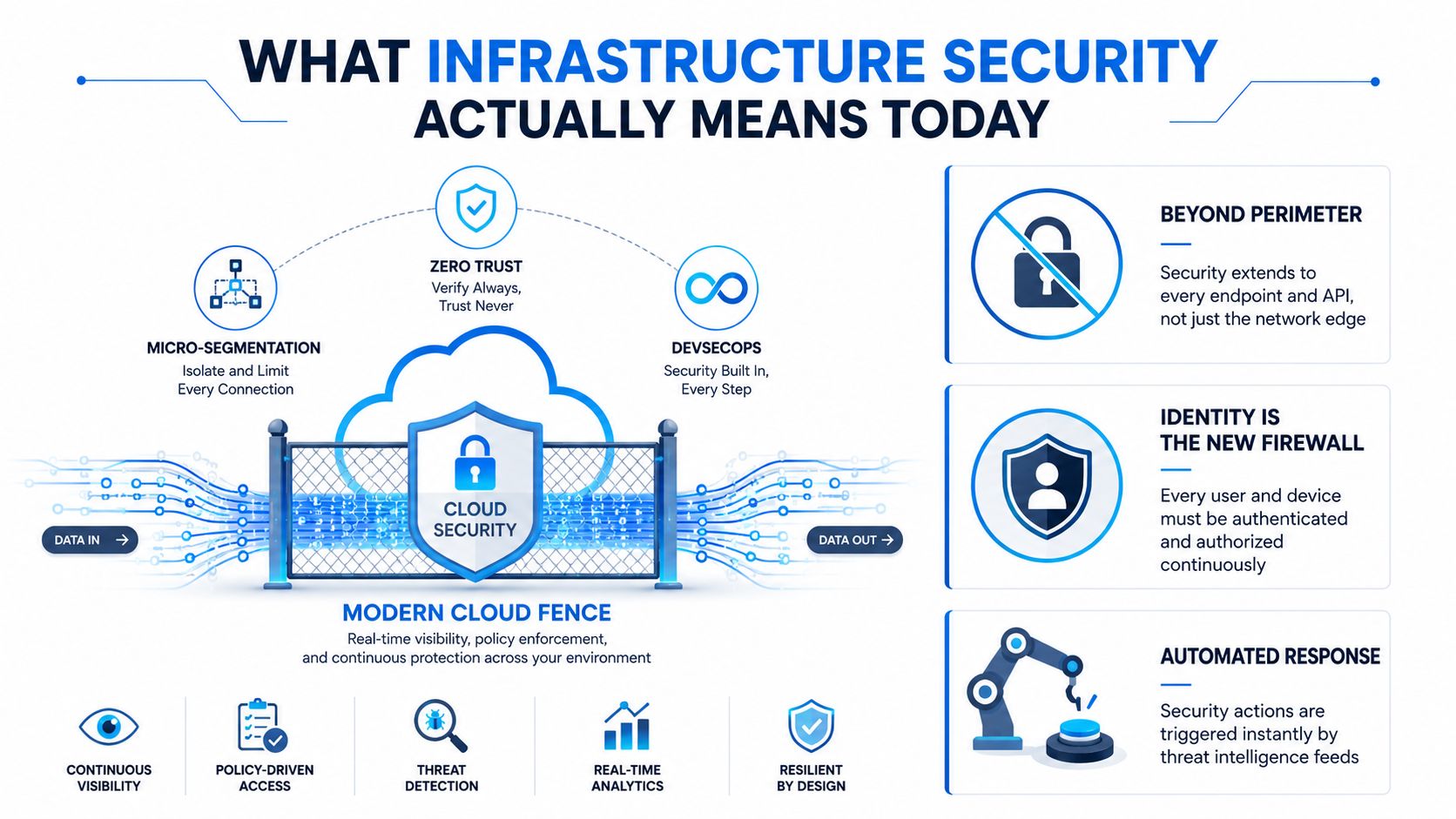 An infographic illustrating modern infrastructure security concepts including zero trust, devsecops, identity management, and cloud security frameworks.