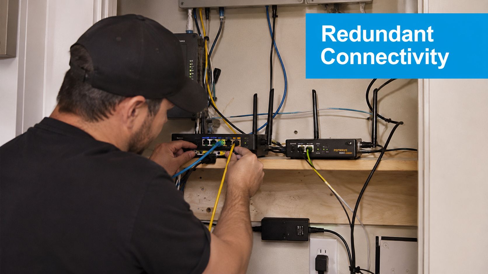 A technician wearing a black cap working on network equipment inside a small wall-mounted enclosure.