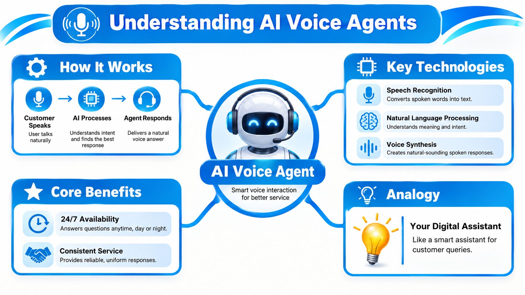 An infographic titled Understanding AI Voice Agents illustrating how they work, key technologies, benefits, and their purpose.