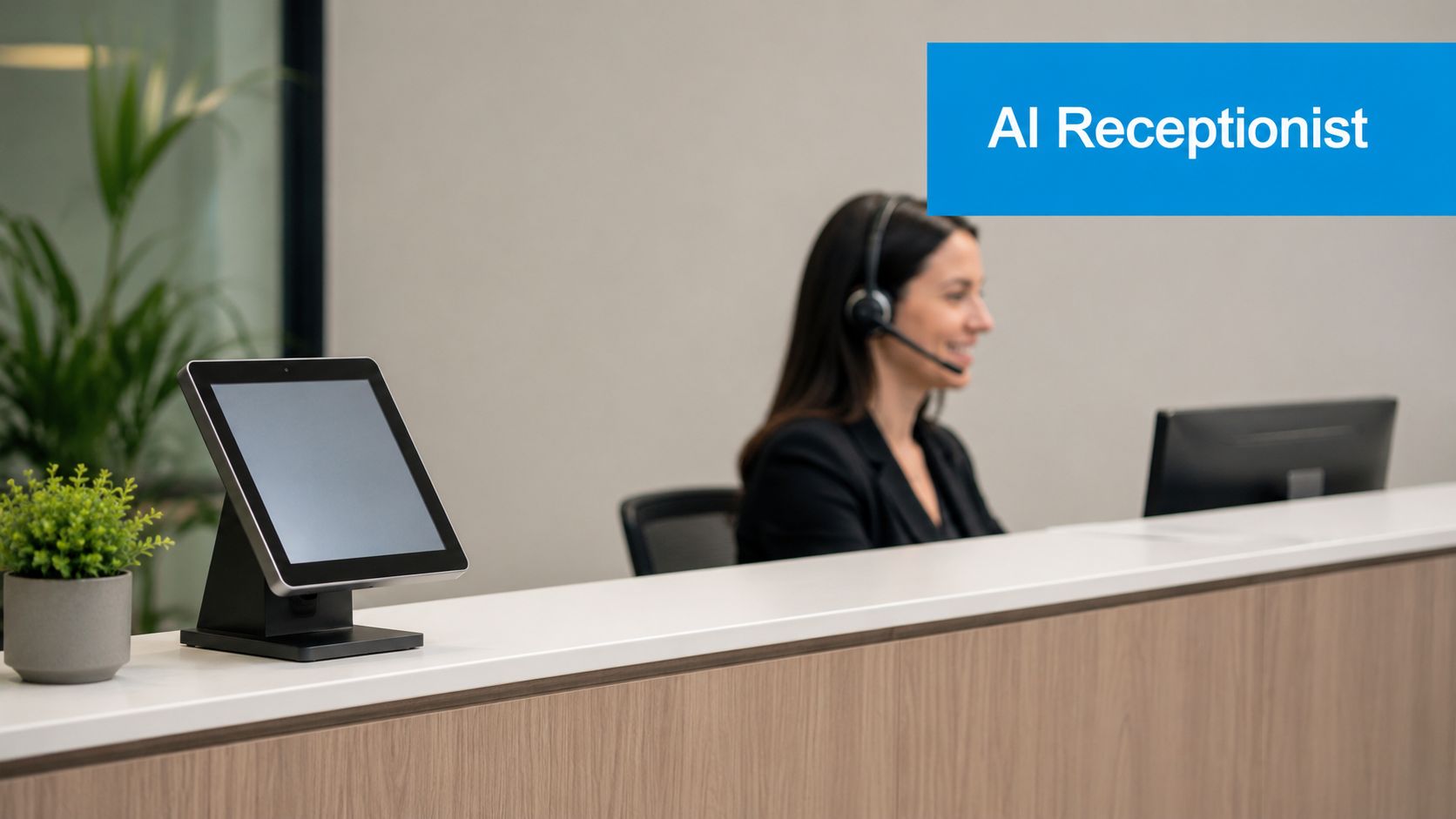 A professional receptionist wearing a headset at a modern office desk with a digital kiosk screen.