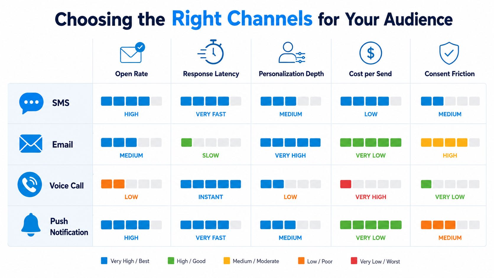 A comparison chart showing how various communication channels like SMS, email, and push notifications affect customer engagement.