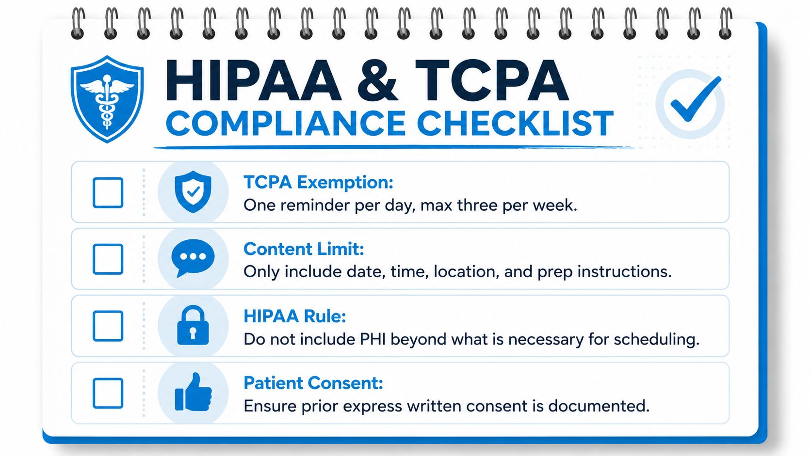 A compliance checklist for HIPAA and TCPA regulations regarding automated appointment reminders and patient communication rules.